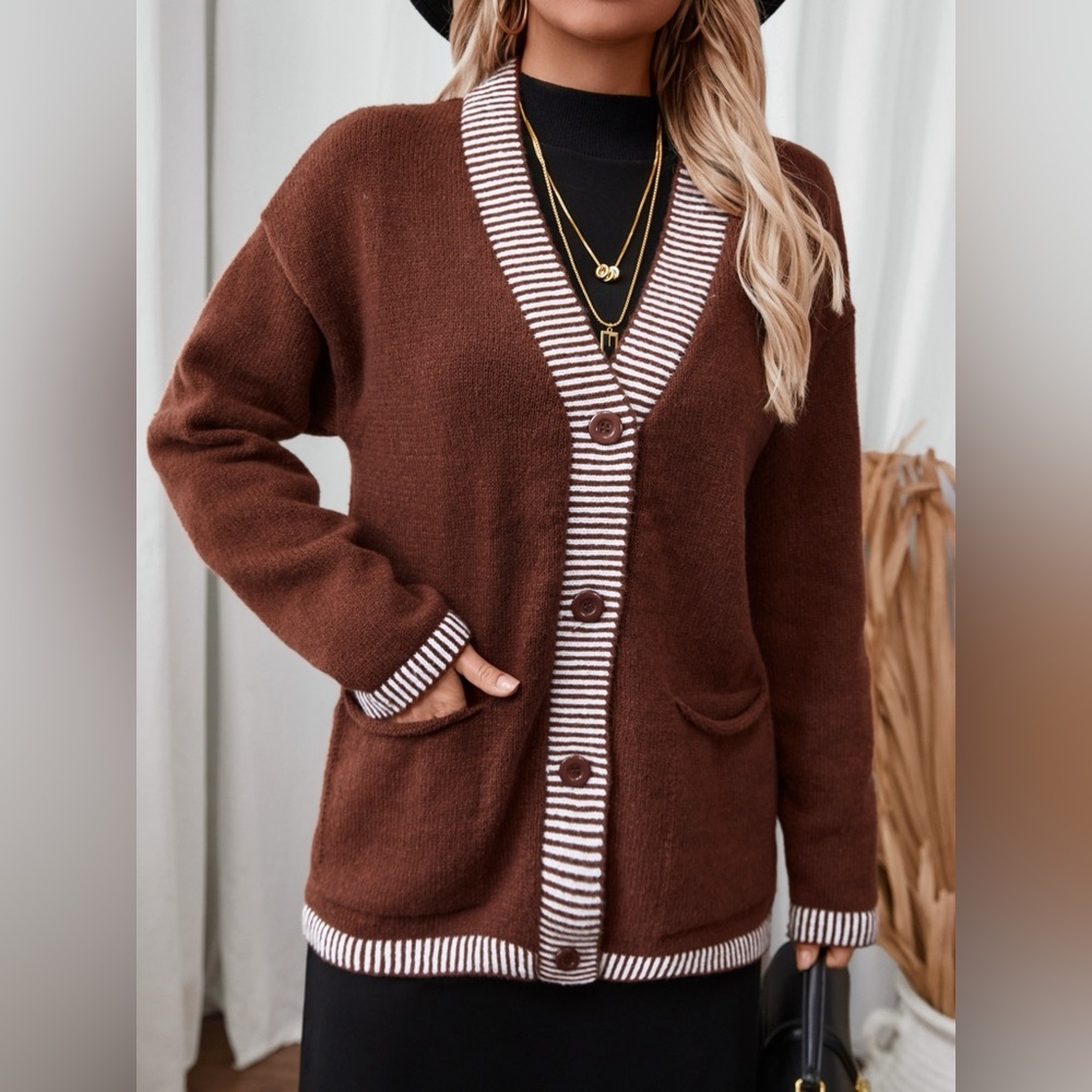 Striped Trim Button Front Pocket Knit Cardigan